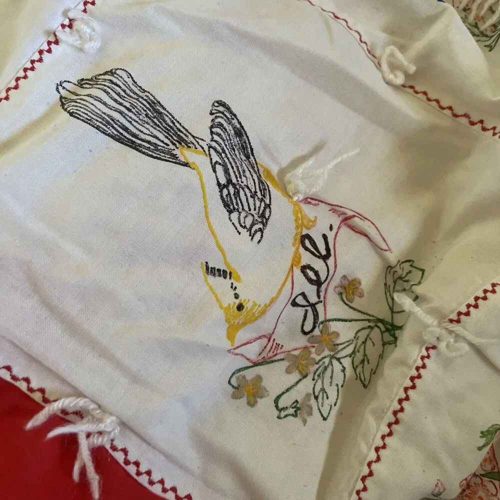 VTG Quilt White Red Multicolor Patchwork Floral Birds State Flowers Rectangular